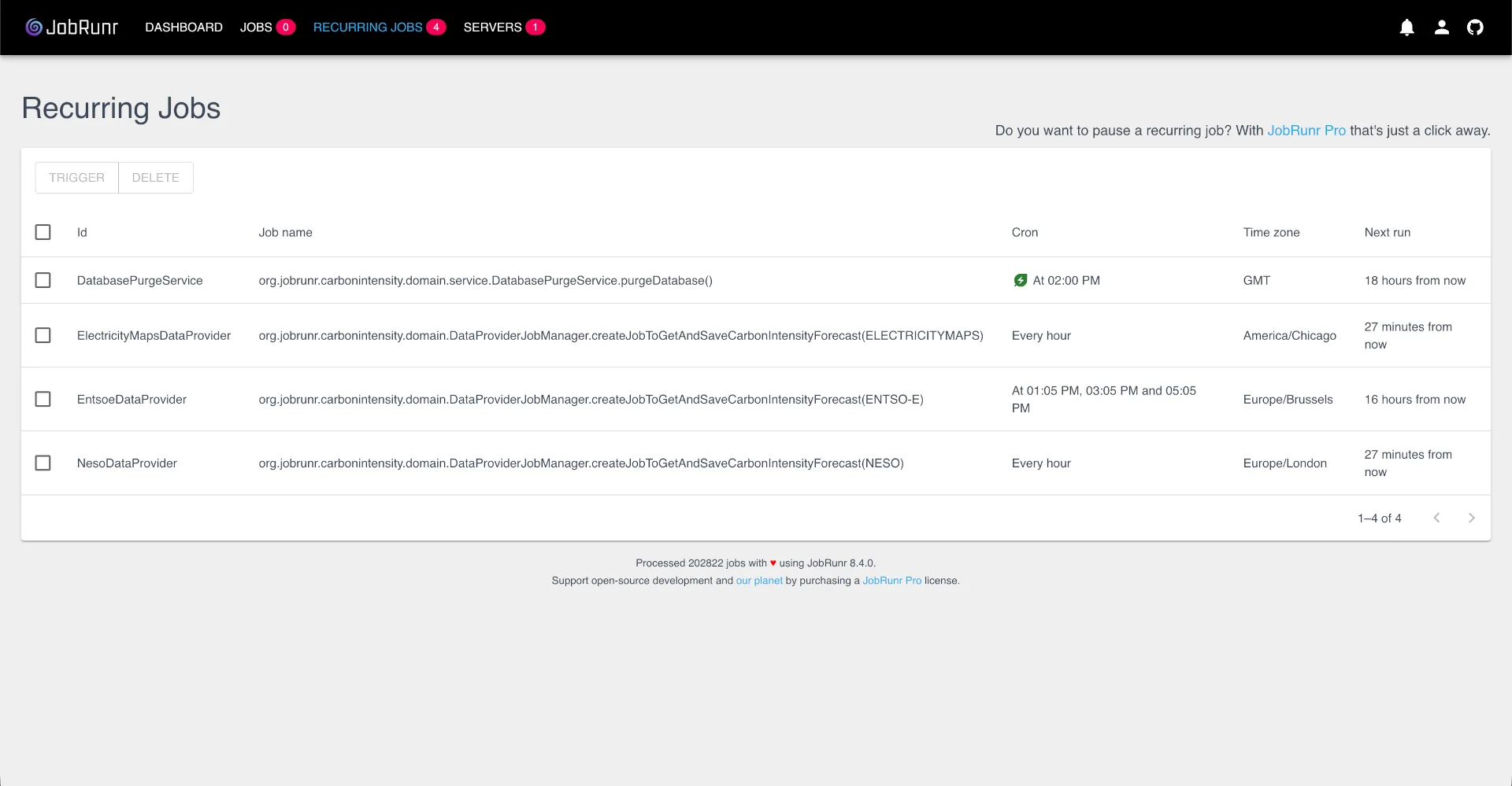 JobRunr Dashboard showing recurring jobs scheduled with `cron` expressions