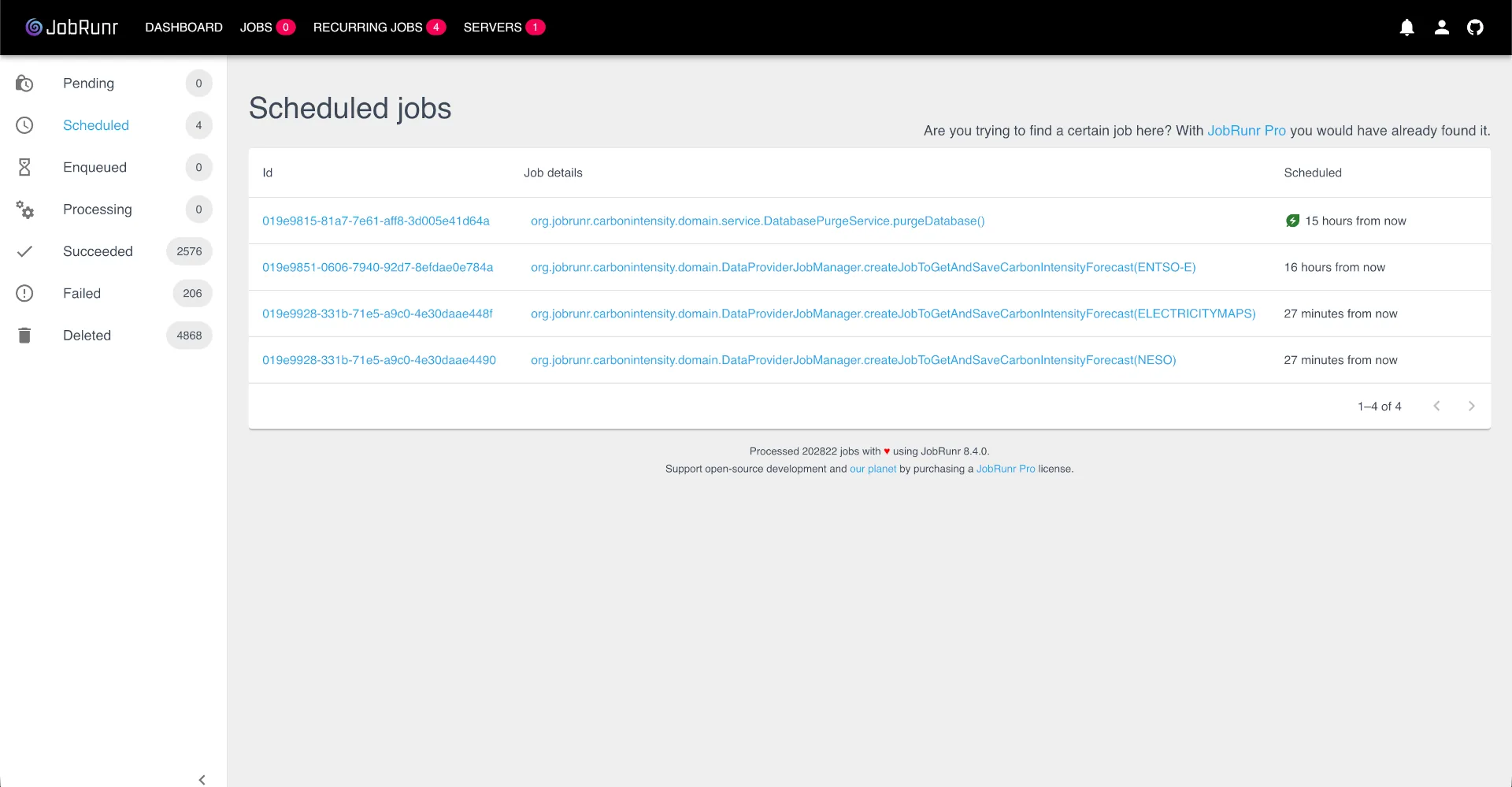 JobRunr Pro Dashboard showing batch job processing with child jobs
