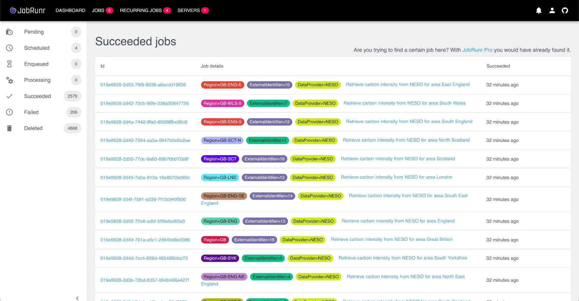 JobRunr Dashboard showing enqueued jobs being processed