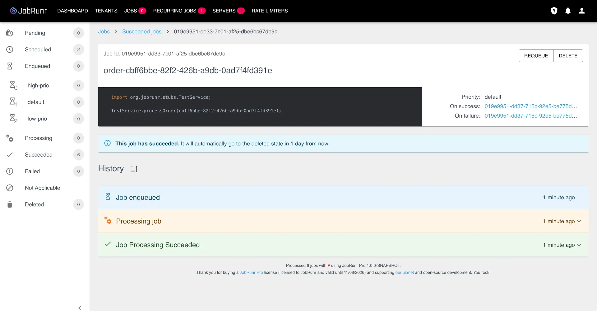 JobRunr Pro Dashboard showing a chain of jobs in a workflow