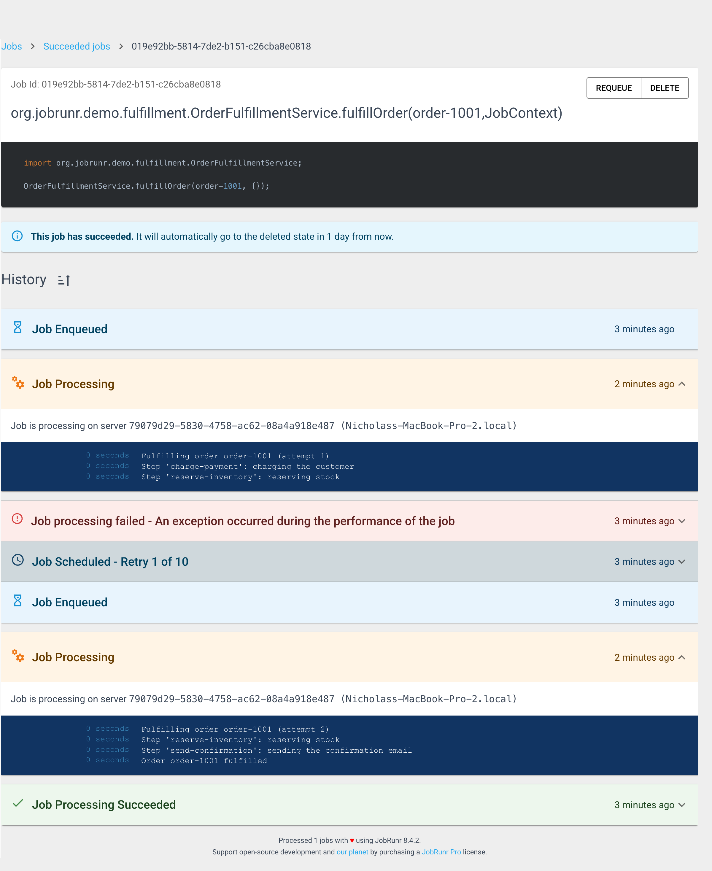 Expanded job history. The first attempt logs the charge and the reserve before failing. The second attempt resumes at reserve-inventory with no charge line, then sends the confirmation and finishes.
