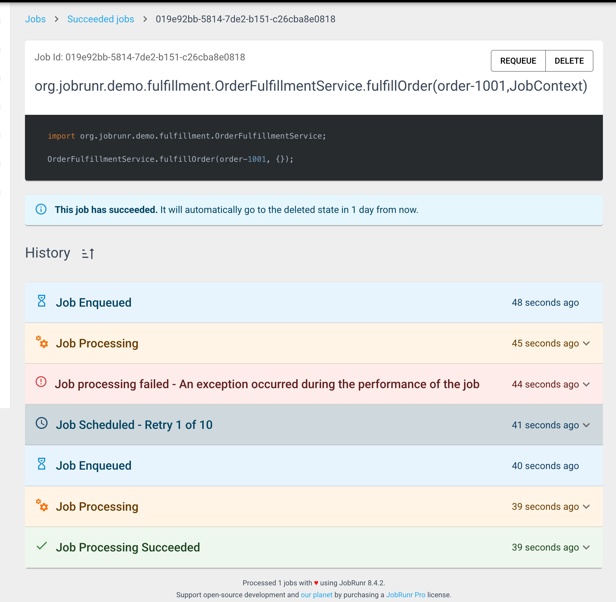 The JobRunr dashboard showing a job that failed at the inventory step, was scheduled for retry, and then succeeded on the second attempt.