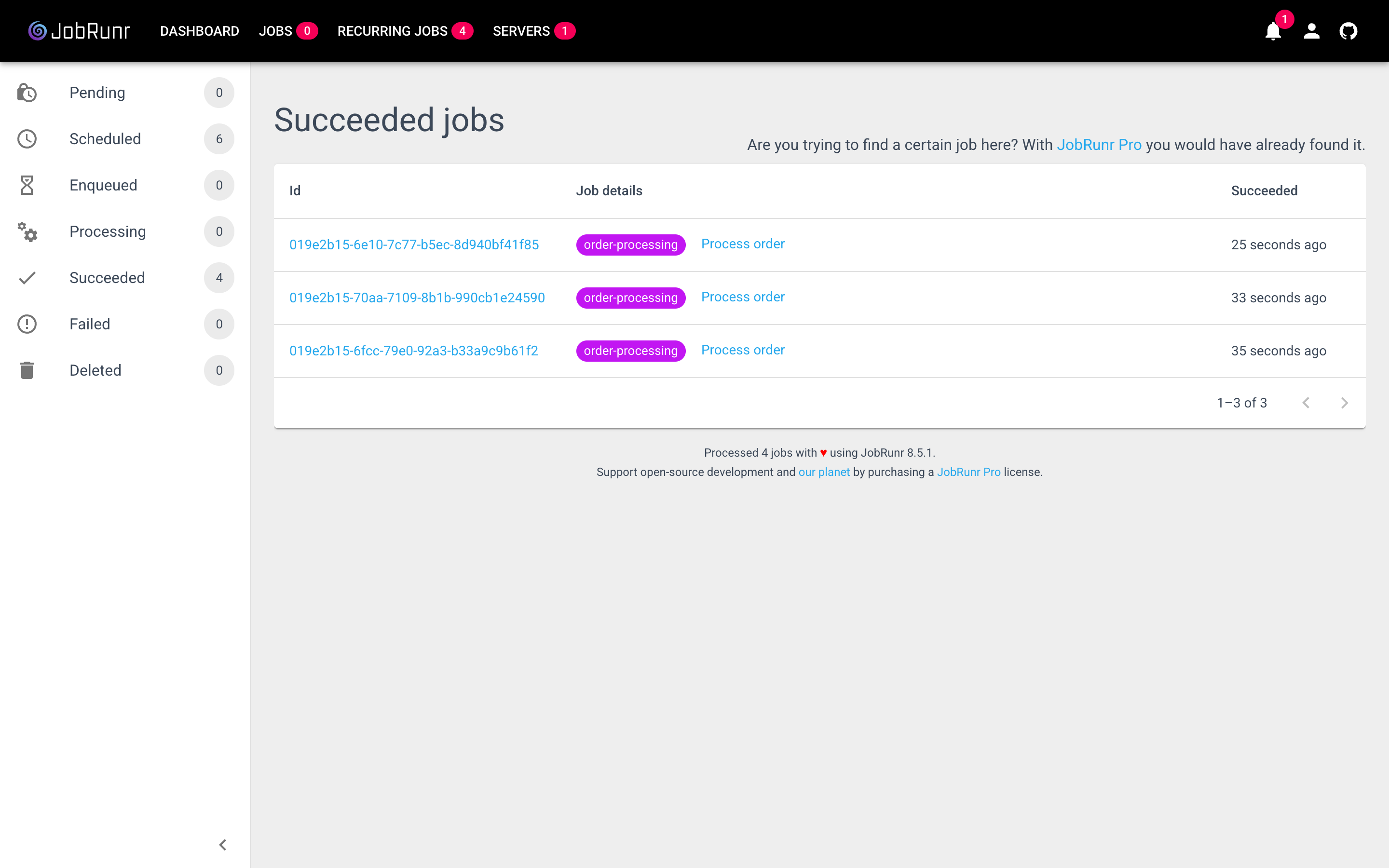 JobRunr dashboard showing succeeded Grails order-processing jobs