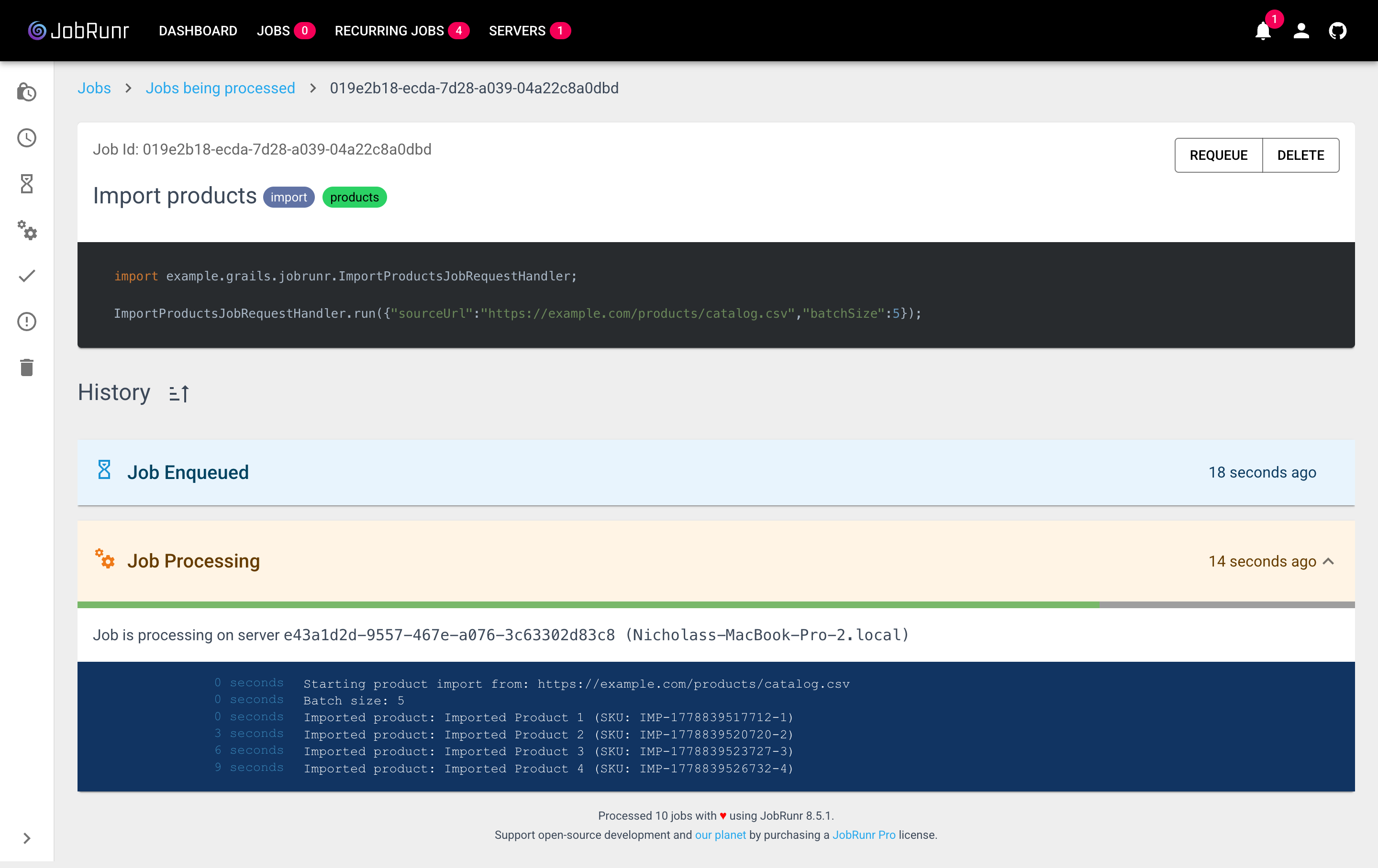 JobRunr dashboard showing a Grails job mid-import with progress bar and log lines