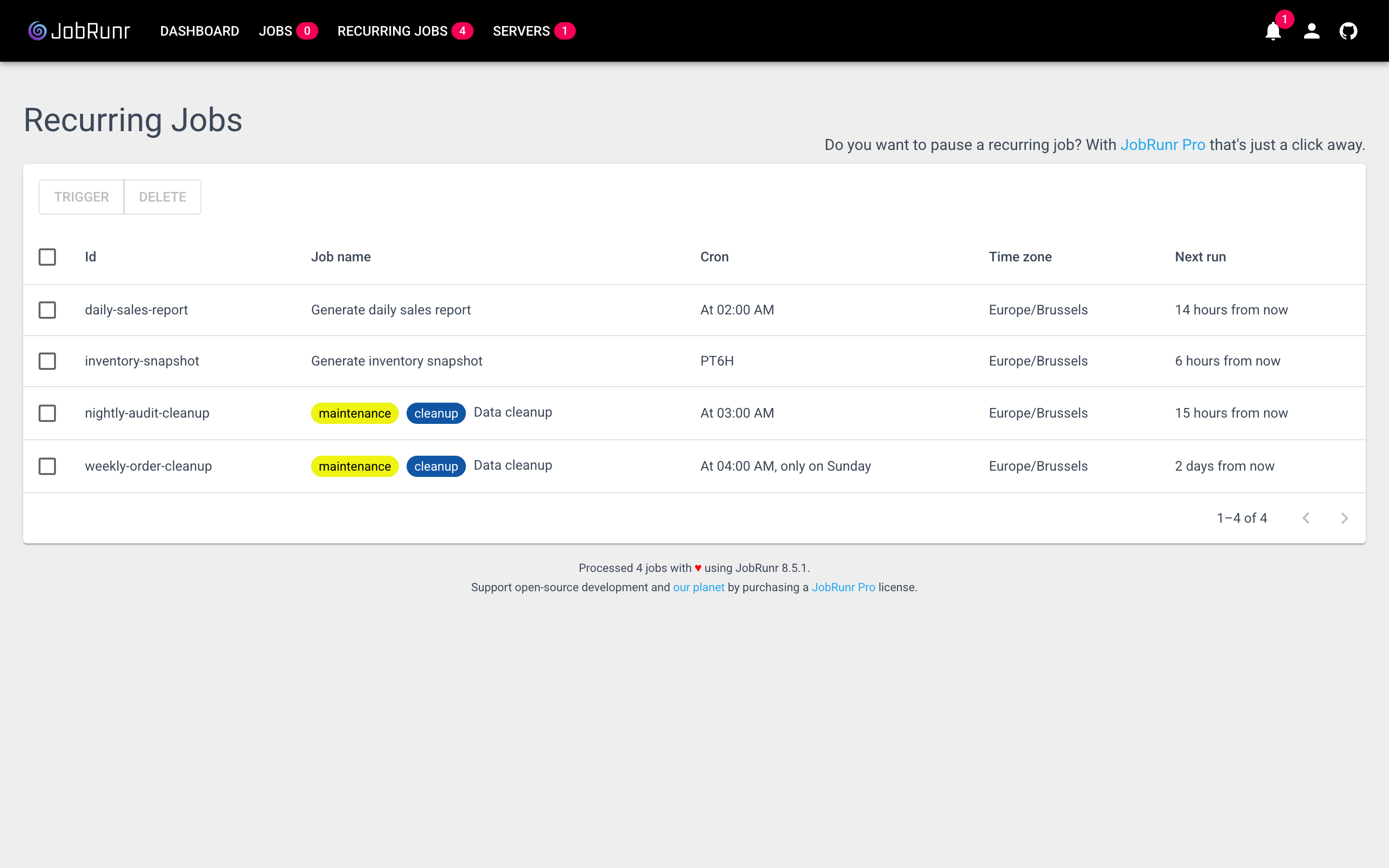 JobRunr dashboard Recurring Jobs tab with annotation-based and programmatic schedules
