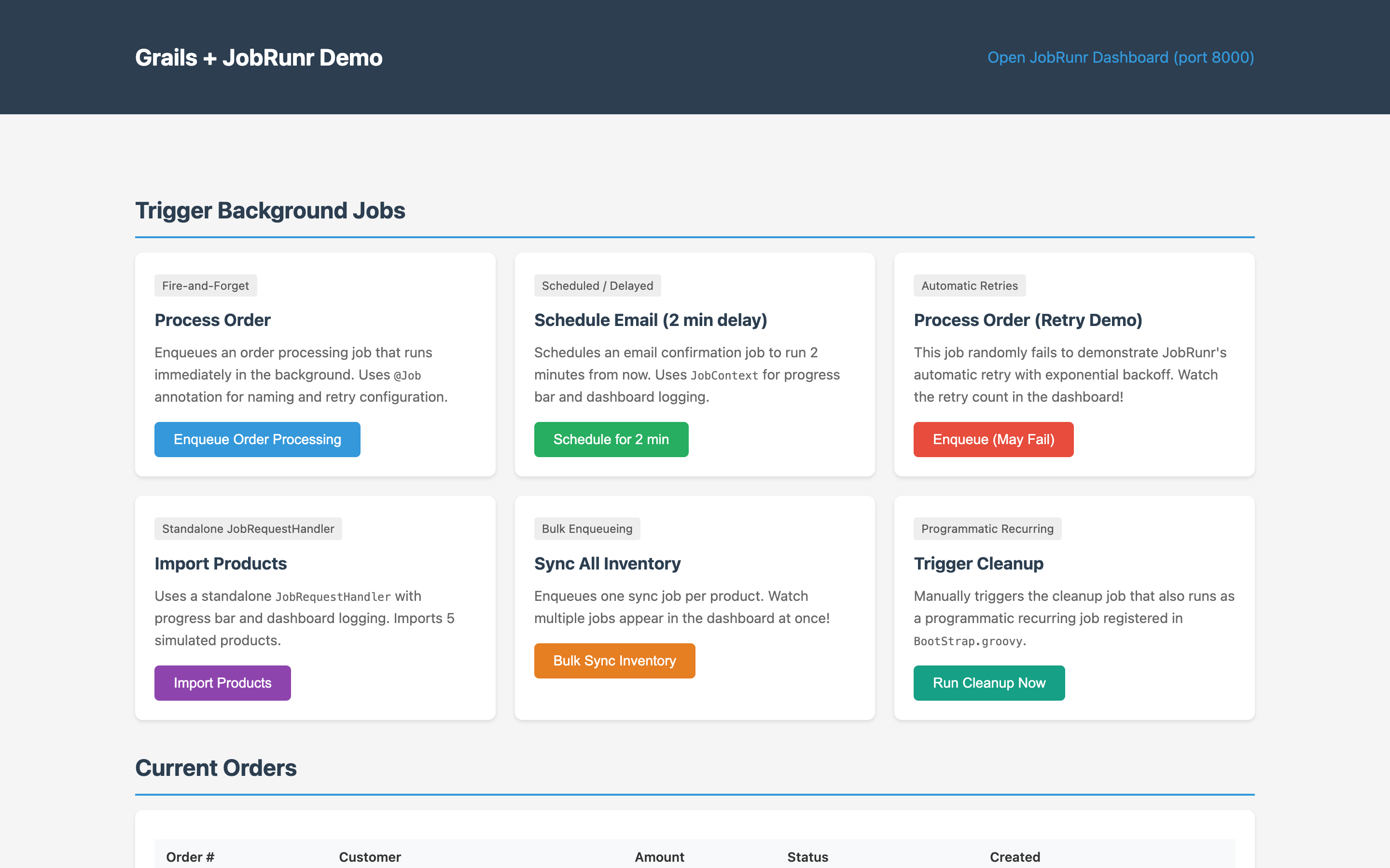 Grails + JobRunr demo home page with buttons to trigger each job type