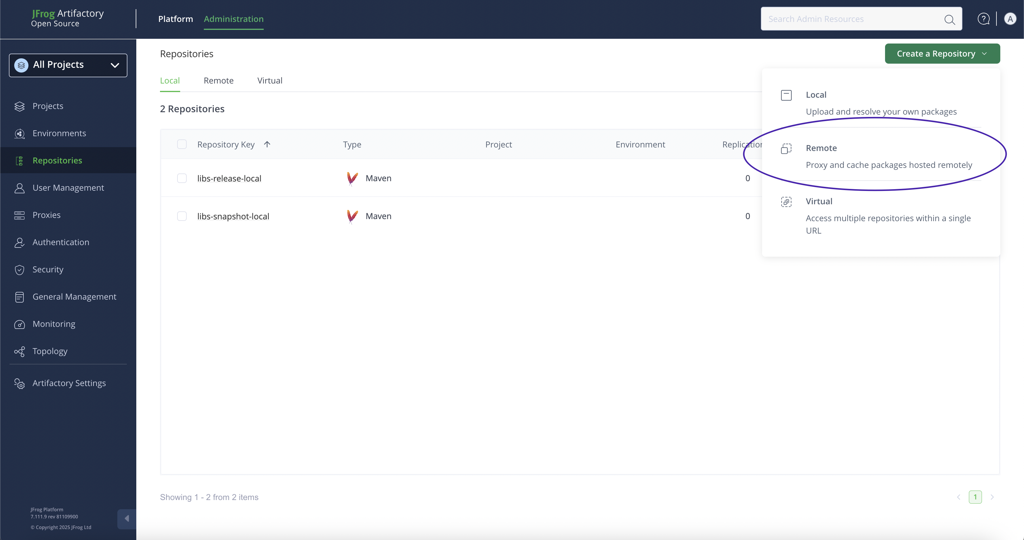 JFrog Artifactory: Create a Repository selection.